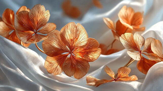 Close-up of Dried Orange/Brown Flowers Arranged on Soft White Fabric, Minimalist Natural Decor, Floral Art, Arrangement of Delicate Dried Flowers on Draped White Silk Cloth. - Powered by Adobe