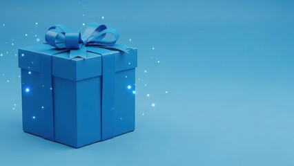 Blue gift box with ribbon and sparkling light effect on blue