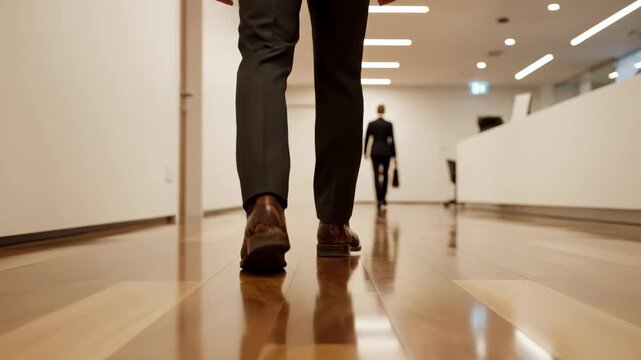 Low angle view of a businessmans legs and polished leather shoes walking down a modern office hallway toward another figure