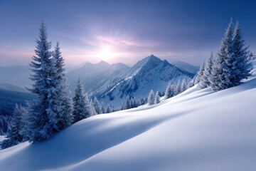 Obraz premium Winter Mountain Majesty: Captivating landscape of snow-covered peaks under a serene blue sky, a testament to the raw beauty of nature and the quiet solitude of winter.