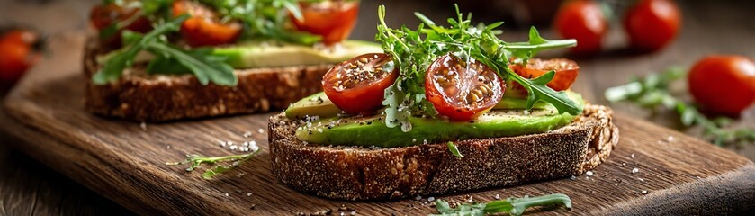 Hearty slices of dark bread topped with sliced avocado, halved small tomatoes, and fresh greens rest on a wooden cutting board