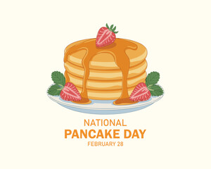 National Pancake Day vector. Fresh pancakes with strawberries and syrup icon vector. Pile of pancakes on a plate icon. Important day