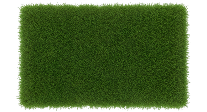 Rectangular patch of dense, vibrant green artificial grass isolated on transparent background