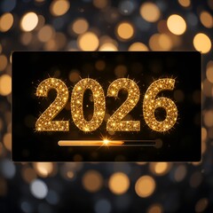 Golden shiny &ldquo;Happy New Year 2026&rdquo; lettering with sparkling effects on a digital glitter background, perfect for new year. 
