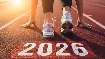 Starting Run for New Year 2026: Athlete Ready to Run with 2026 Written on Running Track
