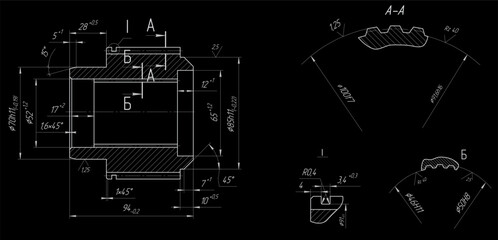 Vector sleeve. Engineering mechanical assembly drawing of steel device with hole, thread, dimension lines and cross section. Industrial technic cad scheme on paper sheet. Machine part.