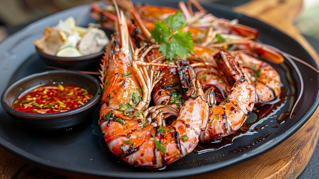 Grilled river prawns served on a black plate with dipping sauce and garnish on a wooden surface