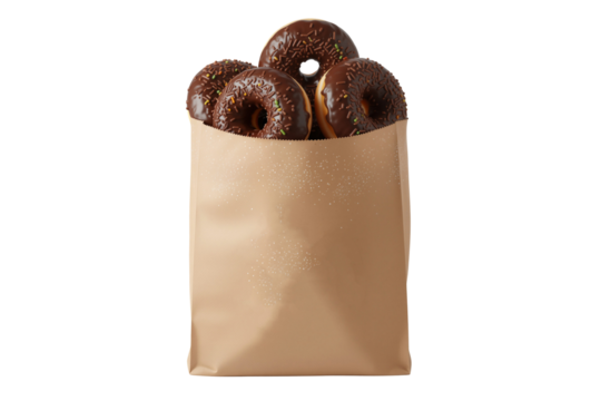 Brown paper bag overflowing with delicious chocolate frosted donuts, isolated on transparent background