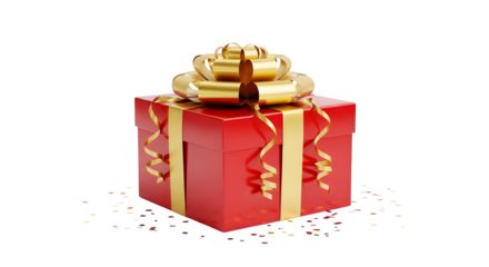 Shiny red gift box with golden ribbon and bow isolated on transparent background