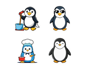 chubby penguin standing, wearing sunglasses, cleaning room, cooking cartoon vector design illustration collection Set, penguin wearing sunglasses, penguin cleaning room, penguin cooking, 