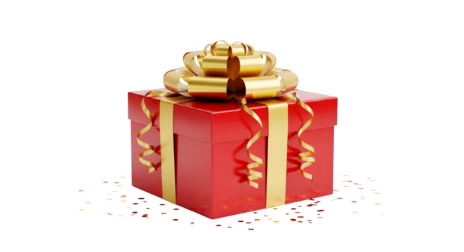 Shiny red gift box with golden ribbon and bow isolated on transparent background