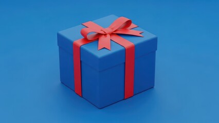 Obraz premium Blue gift box with red ribbon and bow on blue background
