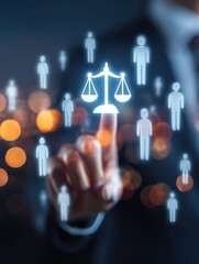 digital justice concept with businessman touching glowing scales icon surrounded by people symbols against blurred city lights background