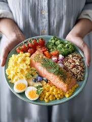 caregiver presents a colorful plate of nutritious foods including salmon scrambled eggs vegetables and grains to promote healthy eating for seniors at home