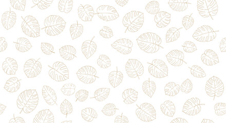 Seamless pattern of scattered light brown monstera leaves on a white background.