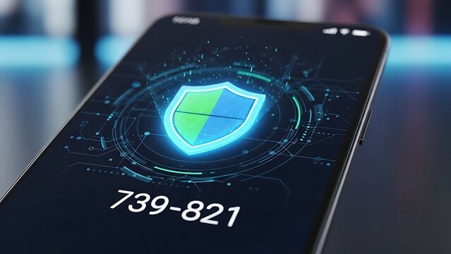 Smartphone displaying digital security shield and code concept