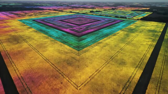 High aerial drone view sweeping across a massively patterned field where crops shift through a continuous spectrum of intense psychedelic colors top down, fictional terrain, saturated