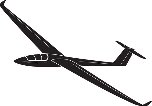 A black silhouette of a glider airplane is depicted in profile, soaring through the air with its wings extended.