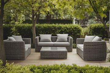 Elegant Outdoor Wicker Furniture Set: Sofa, Armchairs, and Coffee Table Create a Serene Patio Oasis