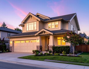 Charming two-story house with manicured lawn and beautiful sunset sky in background