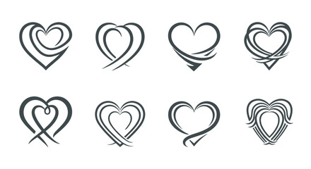 Collection of eight stylized heart designs in various abstract and interwoven forms.
