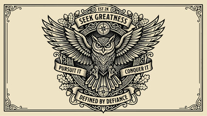 Intricate Owl Emblem: Seek Greatness Pursue It Conquer It Defined by Defiance.