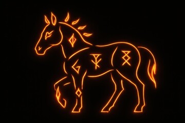 Fototapeta premium Glowing runic horse drawn in bright orange neon lines on a dark background with mystical symbols on its body