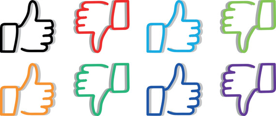 Clean Coloful Outline Thumbs Up and Thumbs Down Symbols Representing Approval and Disapproval Icons for Web Interfaces, Review Platforms, and Mobile App Button Graphics