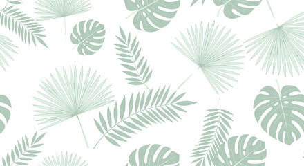 Seamless pattern of light green tropical leaves on a white background.