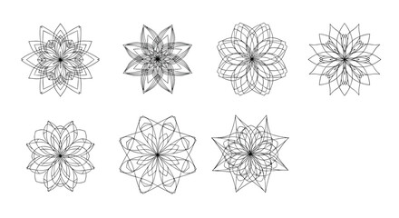 Collection of intricate line art mandalas and floral patterns on a white background.