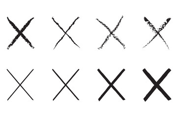 Hand-drawn black cross marker. Grunge black x sign. Black cross marker. Check mark icon vector crosses.