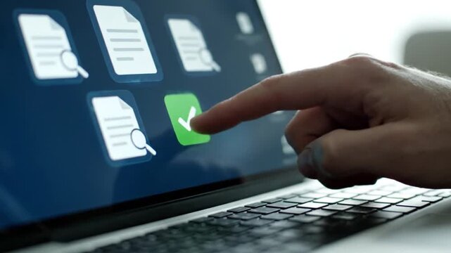 Hand Tapping Green Checkmark Icon on Laptop Touchscreen for Digital Document Approval and Task Completion in a Modern Workflow