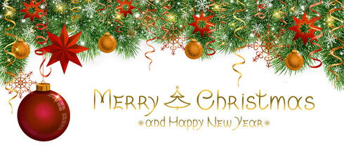 Merry Christmas and New Year red decorations with green fir branches and red bauble .