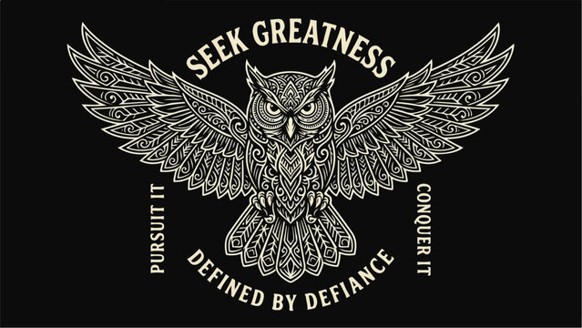 Intricate owl illustration with motivational words and wings spread wide.