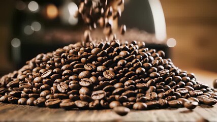 Freshly ground coffee beans spill out of a grinder, surrounded by rustic kitchenware and warm earthy tones, capturing the concept of busy workdays and the need for a morning pick me up.