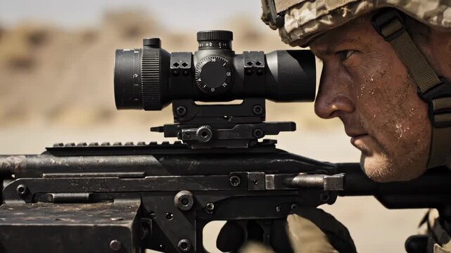 Closeup of a soldier in desert camouflage adjusting the scope on a mounted weapon while looking intently through the sight