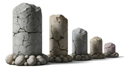 Ancient stone columns of varying heights on a white background pillar rock