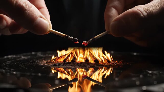 Two Hands Lighting Small Flames On Surface.