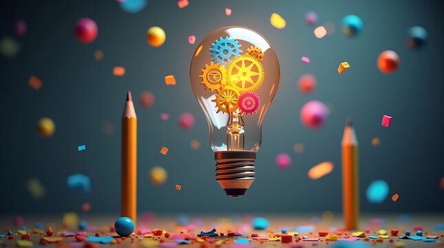 A glowing lightbulb (with colorful gears) floats between two pencils, surrounded by vibrant confetti.