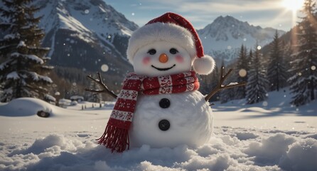 charming snowman with red scarf and hat in snowy winter landscape with mountains.