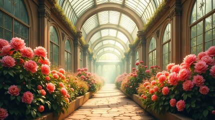 Fototapeta premium a stone path lined with vibrant pink blooms, under an arched glass ceiling.