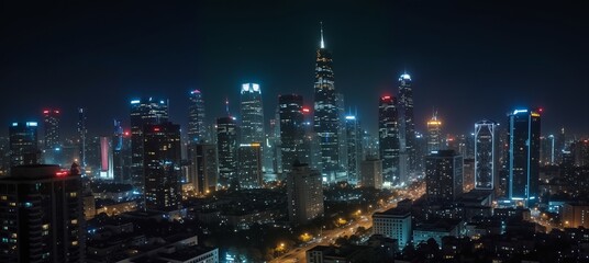modern city skyline at night with illuminated skyscrapers and vibrant urban lights