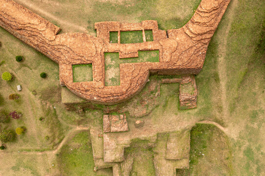 Aerial view of the ancient Mahasthangarh citadel walls rise from the earth, a testament to time, Bogura, Rajshahi Division, Bangladesh.