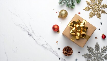 A decorated Christmas tree with red and gold ornaments stands beside gold-wrapped presents and snowflakes, glowing against a warm bokeh-lit background.