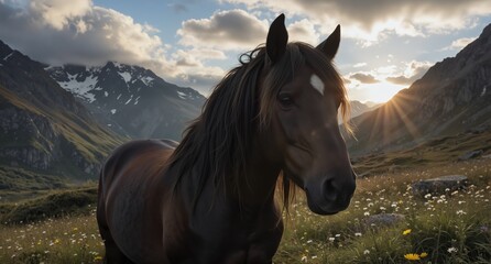 majestic brown horse with white blaze standing in a wildflower meadow with dramatic mountain backdrop at golden hour