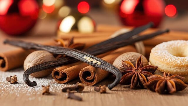 Close-up of Christmas Spices and Vanilla Bean with Seeds