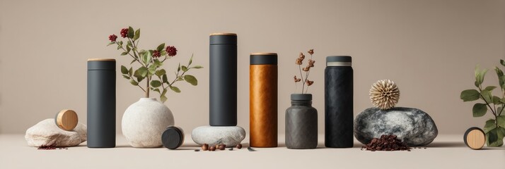 Stylish Collection of Reusable Thermoses and Decorative Stones Arranged on a Neutral Surface With Botanical Accents