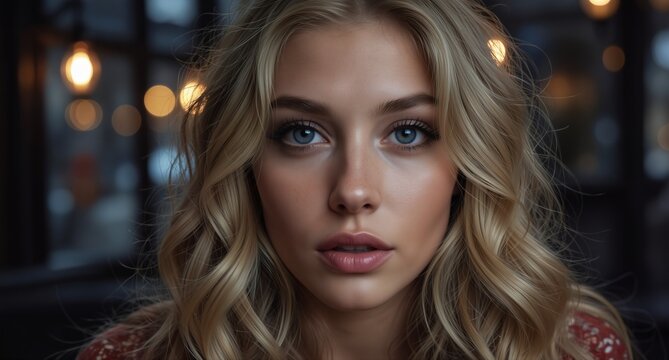 close-up portrait of a beautiful young woman with blonde hair and captivating blue eyes looking directly at the camera.