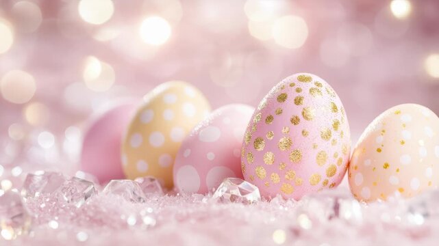 Colorful eggs on pink background with shining decorations