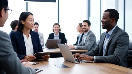 Diverse business professionals collaborate in a modern office, using laptops and tablets with positive, engaged expressions.